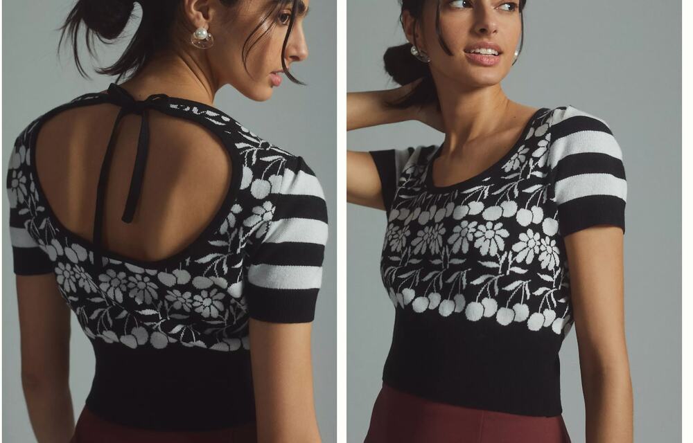 Anthropologie Maeve Trixie Sweater Tee Knit Crop Cherries Flowers Black White